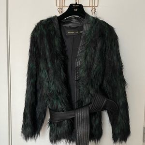 H&M X BALMAIN Dark Green Faux Fur Coat with Belt